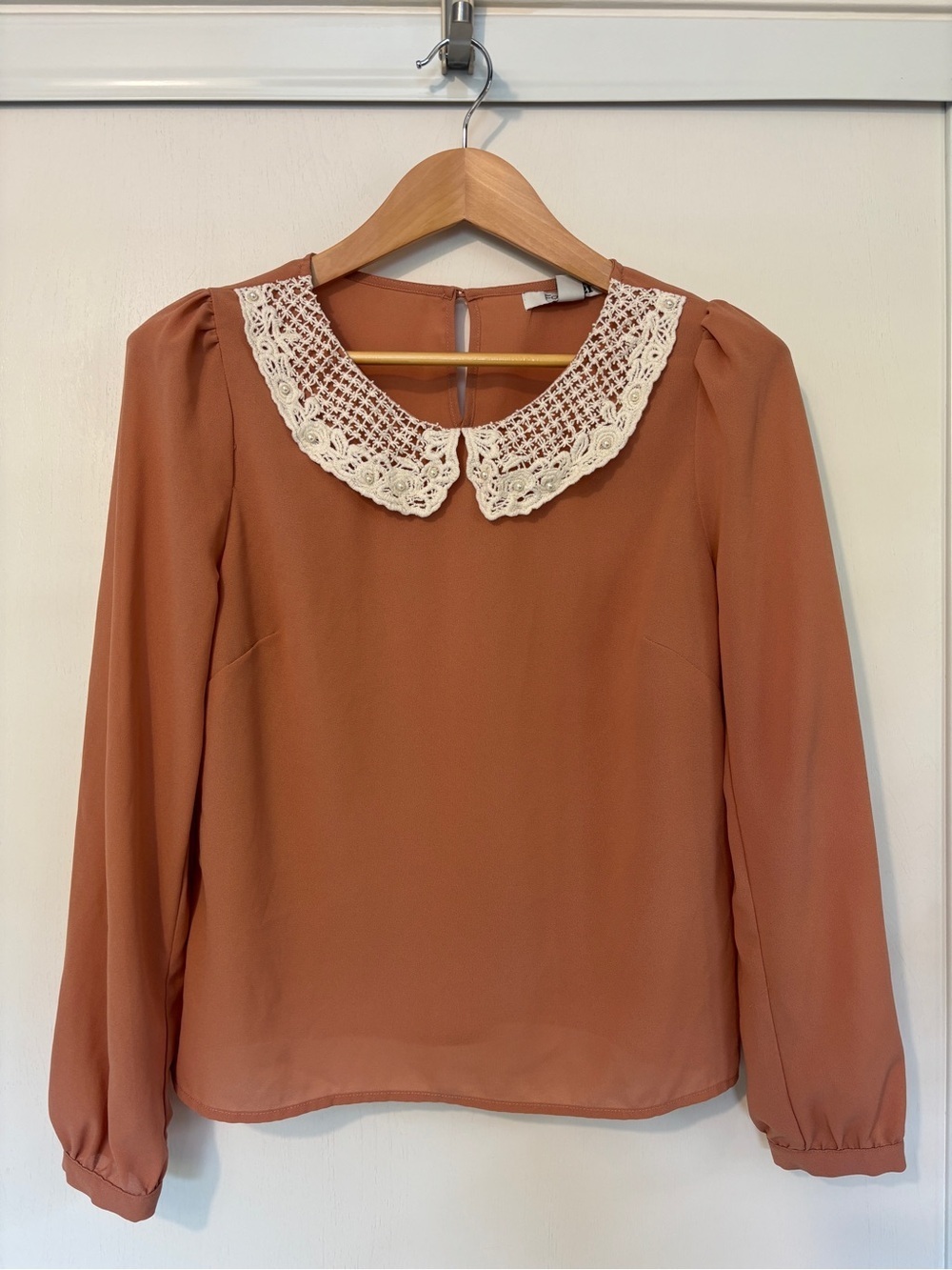 Cottagecore Crochet Collar Top Size Medium Dusty Rose Long-Sleeve Pearl Twee